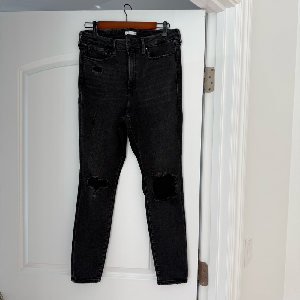 Good American Black Distressed Skinny Jeans Size 12 / 31 Stretch Denim
